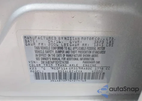 2016 Nissan Sentra Fe+ S/S/Sl/Sr/Sv z USA, uszkodzony, nr VIN 3N1AB7AP7GY274768